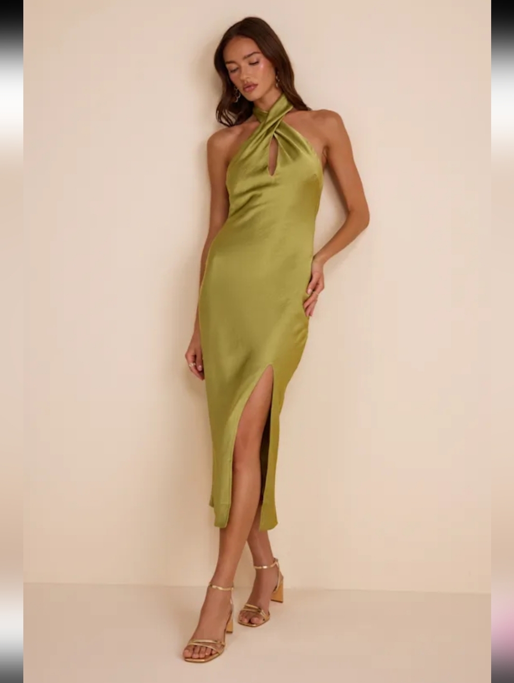 Lulus Beyond Classy Chartreuse Satin Halter Open Back Side Slit Midi Dress Small